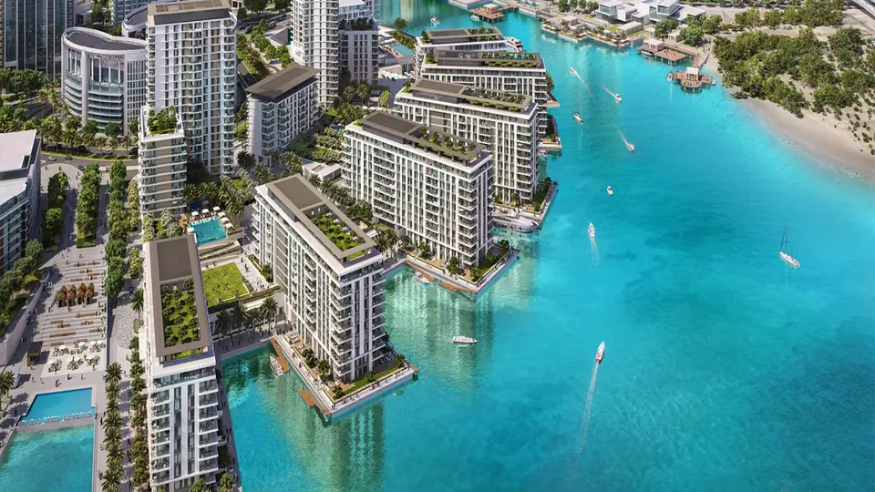 Creek Beach lagoon from the air — render (Emaar)