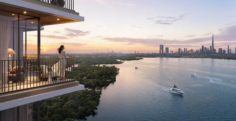 Balcony view over the Ras Al Khor mangroves and the Creek — render (Emaar)