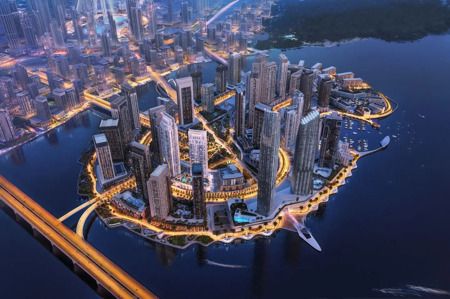 Creek Island at night — aerial render (Emaar)